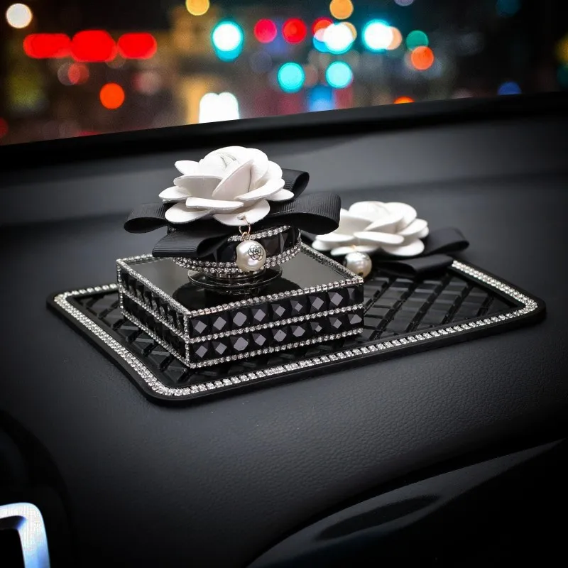 Charming Diamond Camellia Flower Car Perfume Bottle Ornaments Rhinestone Anti-slip Mat Auto Dashboard Decoration Air Freshener