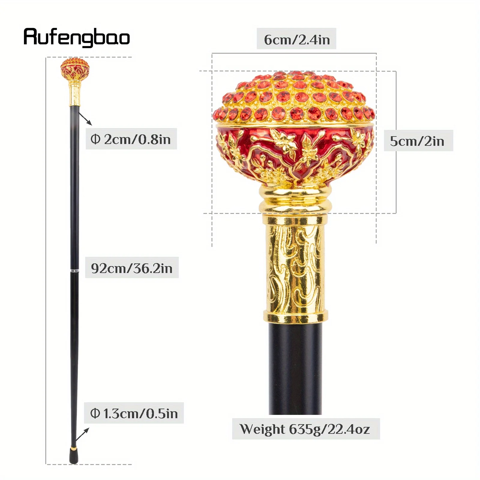 Red Artificial Diamond Ball Walking Cane Fashion Stick Gentleman Elegant Cosplay Cane Crosier 92cm Performance Stage Cane
