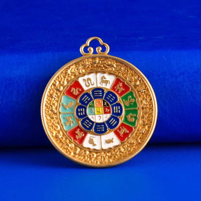 Tibetan Nine Palaces Bagua Pendant Color Enamel Manjushri Twelve Zodiac Brass Amulet Locket Unisex Religious Charm Accessory