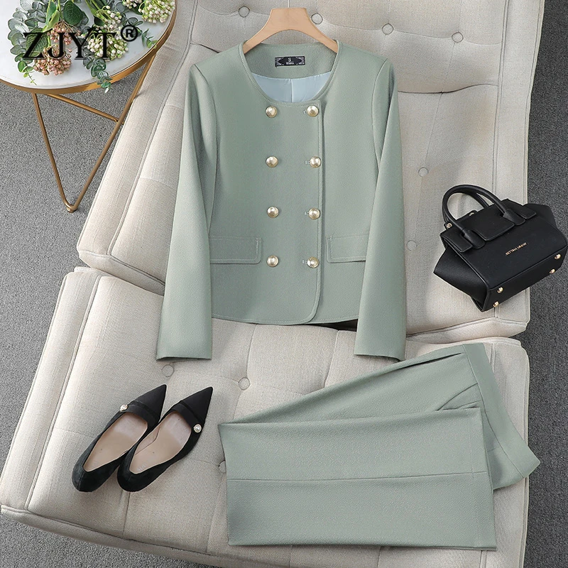 

ZJYT Elegant Women's Jacket Trousers 2 Piece Matching Set Autumn Fashion Long Sleeve Coat Pant Sets Casual Office Lady Outfit