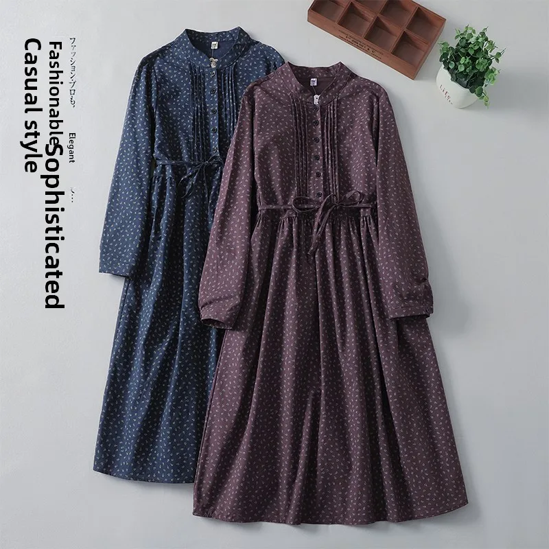 فستان قطني كتاني جديد لربيع 2025 بأكمام متوسطة الطول وحزام وياقة عالية، فستان قميص أساسي بتصميم A-line وأكمام عادية