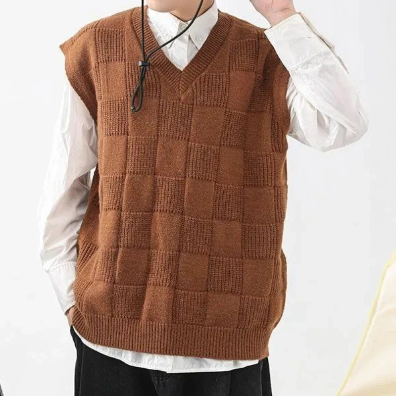 

Couple Japanese Style Loose Fit Sleeveless Knitted Sweater Vest Pullover Versatile V-Neck Solid Color Checkered