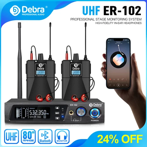 Debra ER-102 Sistema de monitoreo intrauditivo inalámbrico UHF con bluetooth 5,0 para puesta en escena, grabación, banda, bateridor, discurso de iglesia
