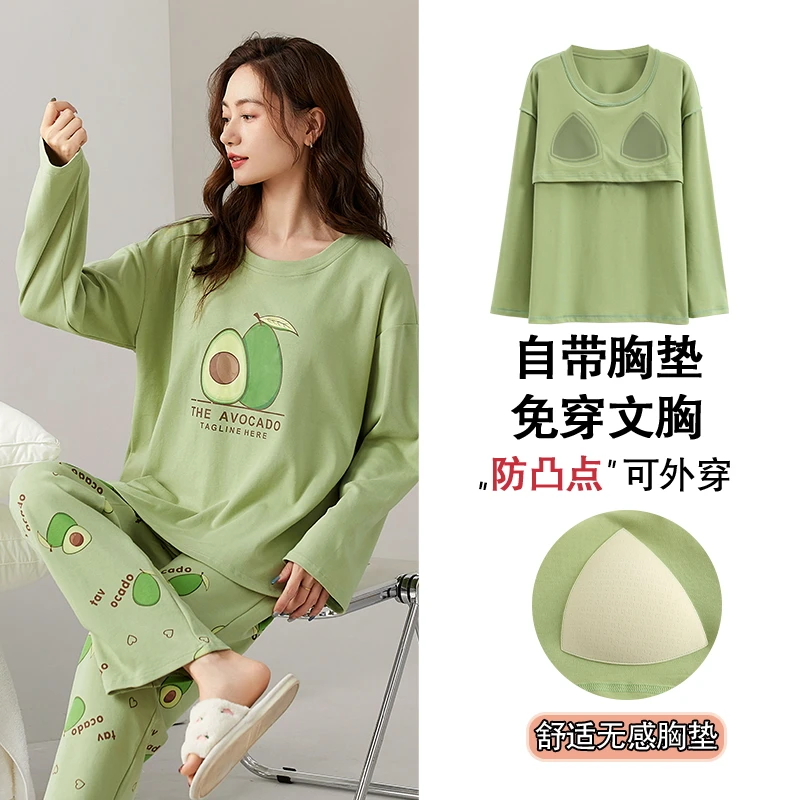 100% Cottton Women Pajamas Set Spring and Autumn Long Sleeve Leisure Pijamas With Chest Pad