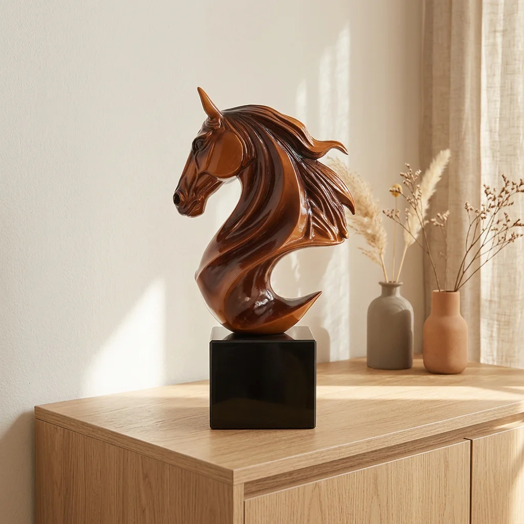 Brown Resin Horse Head Sculpture With Marble Base White Gloss Craft Ornament For Home/Office Decor Corporate Factory Direct