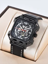 Reloj Automático LONGLUX, relojes de pulsera mecánicos al por mayor, geniales, huecos, sin logotipo, reloj de cuero negro para hombre, regalo para hombre ﻿