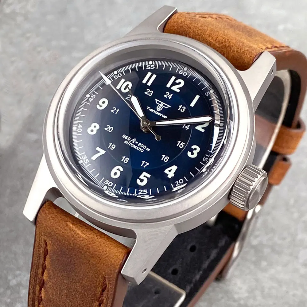 

Tandorio 36 мм военные автоматические часы мужские NH35 механизм куполообразный сапфировое стекло винтажный циферблат кожаный ремешок маленькая корона 20ATM