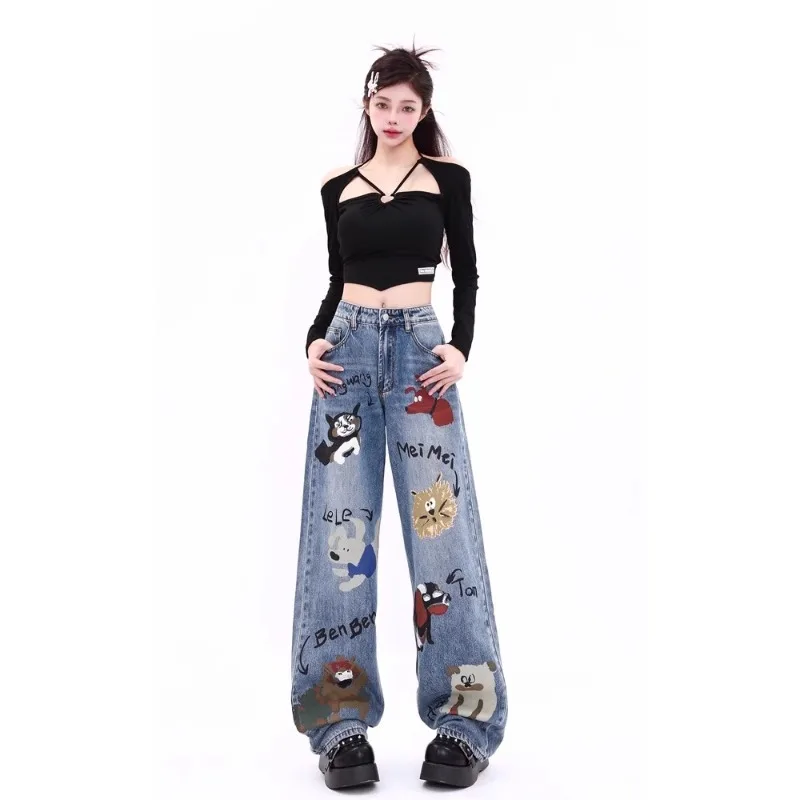 2023 Autumn Winter New Baggy Jeans Woman American High Street Straight Tube Women's Jeans Cartoon Print Women Pants High Waist