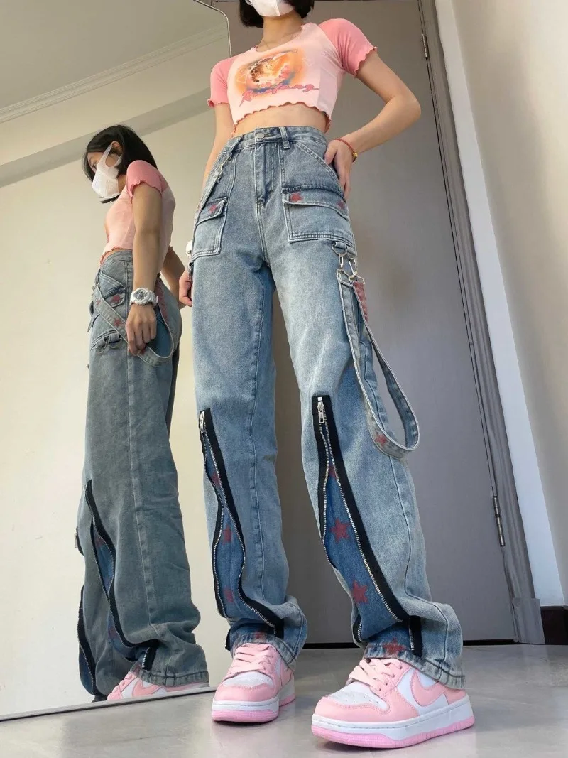 High Street Spicy Girl Cargo Denim Jeans Loose All-match Zippers Printed Straight Y2k Pants Aesthetic Grunge Mopping Trousers