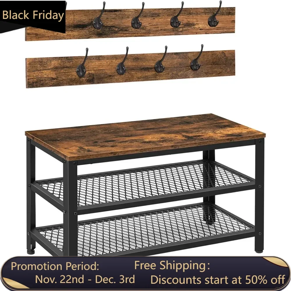 

Clothes rack and shoe bench with coat hook, 3-in-1 design, wooden furniture with metal frame, rustic brown and black