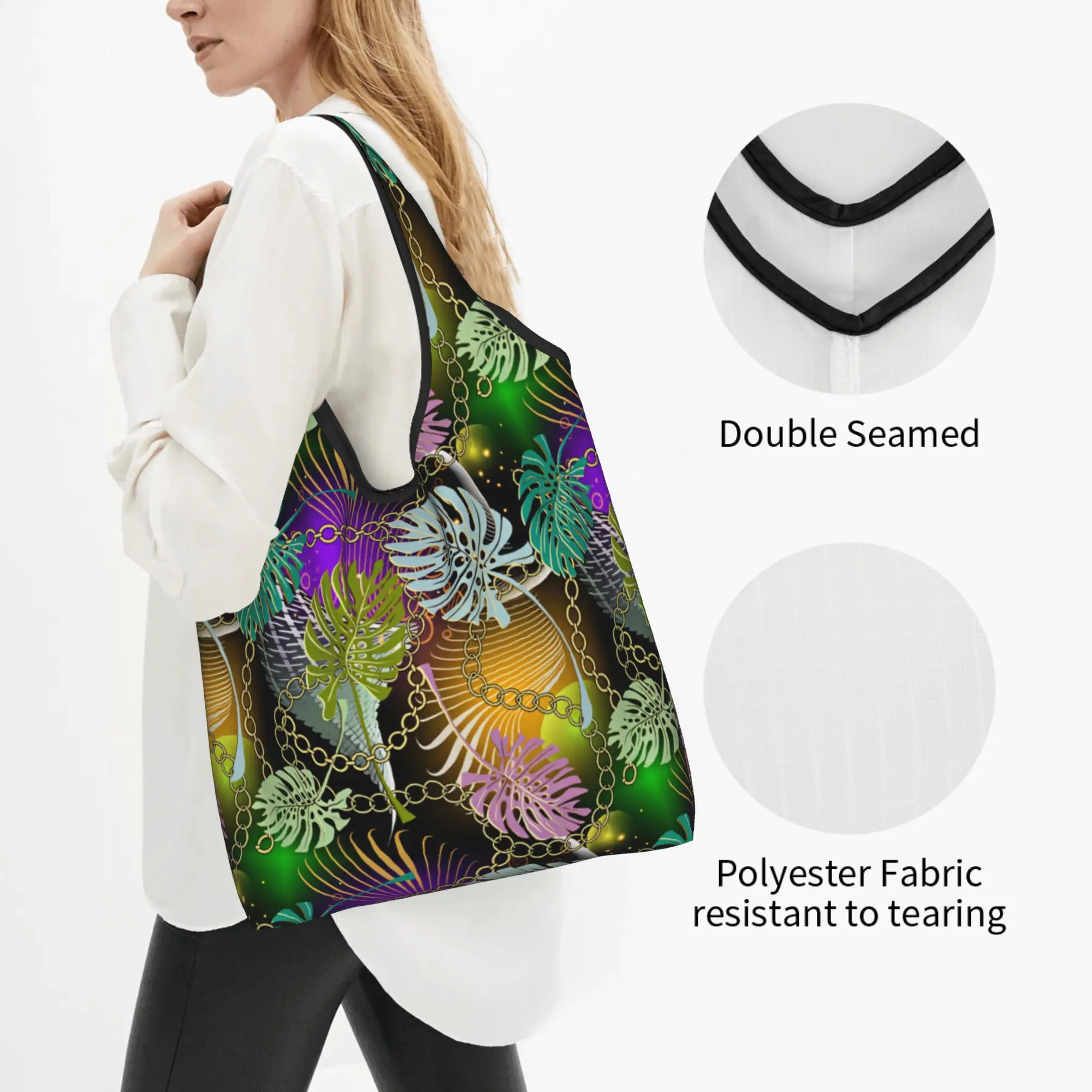 Palm Leaves And Flowers Tropical Plants Groceries Shopping Bag Fashion Shopper Shoulder Tote Bags Big Capacity Portable  Handbag
