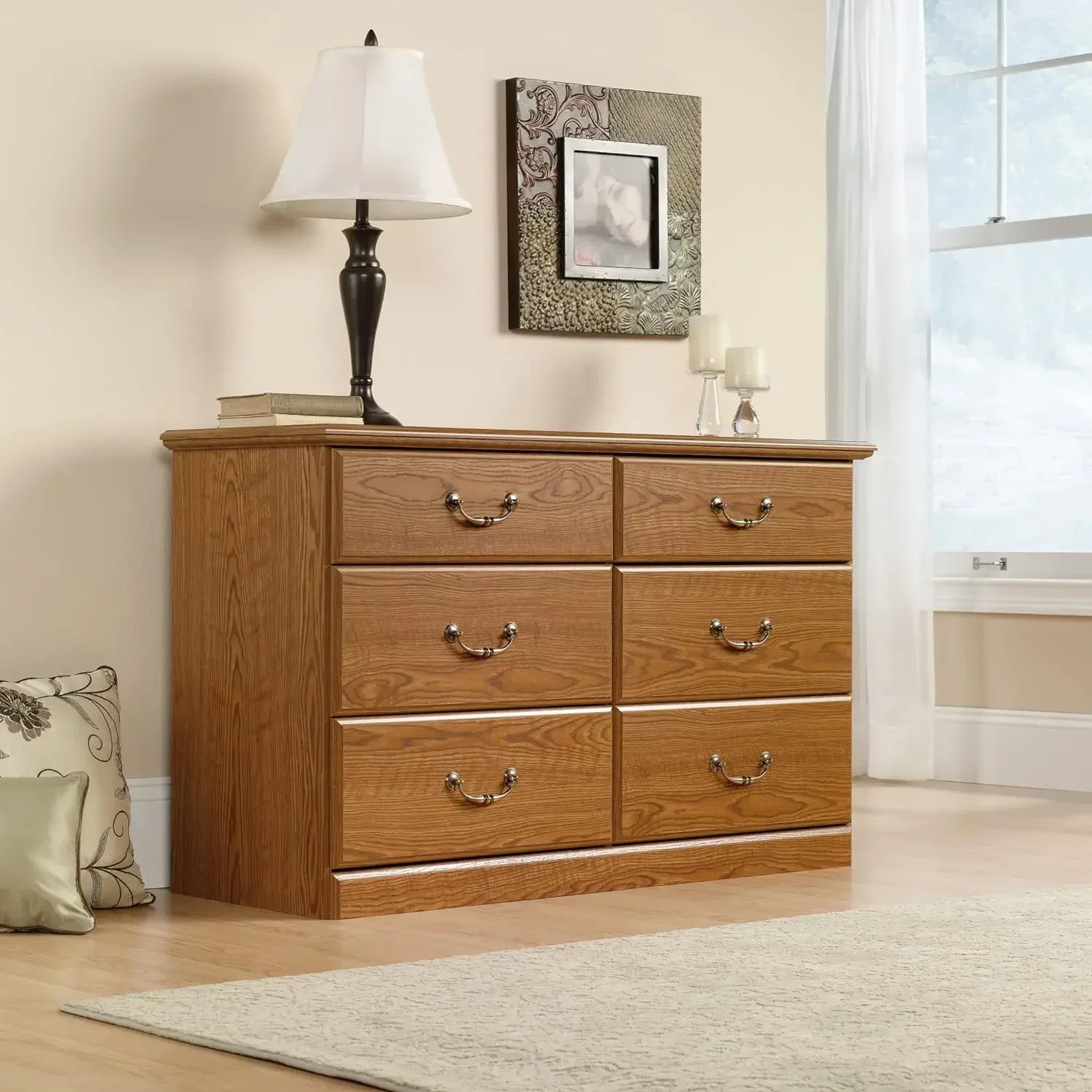 Dresser with Four Extra Deep Lower Drawers, Oak Finish Engineered Wood Construction, 5-Year Limited Warranty, Assembly Required