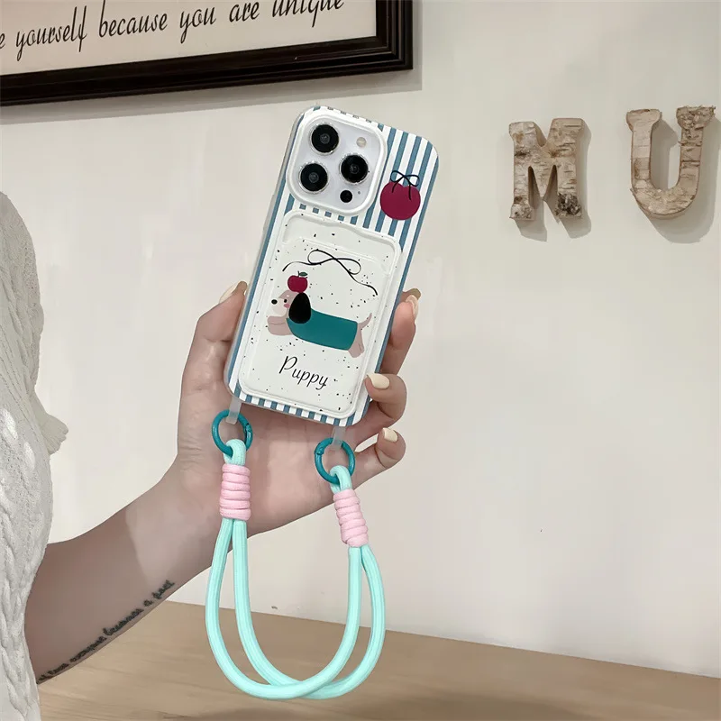 Card bag transparent painted apple sausage dog phone case with hanging rope For iPhone 11 12 13 14 15 16 pro max