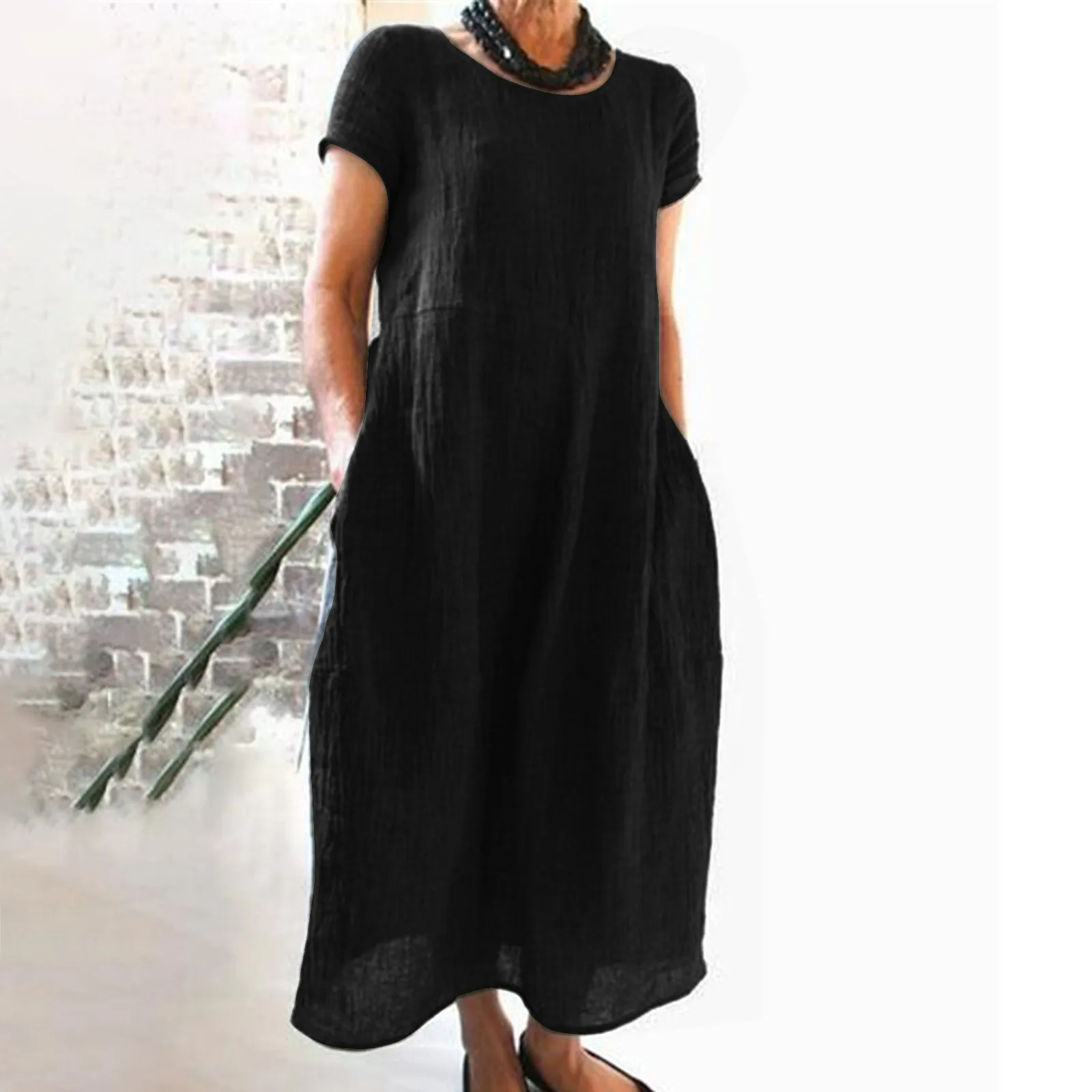 

Ladies Maxi Dress Baggy Casual Summer Comfortable Loose Solid Color Short Sleeve Round Neck Plus Size Beach Muslim Long Dress