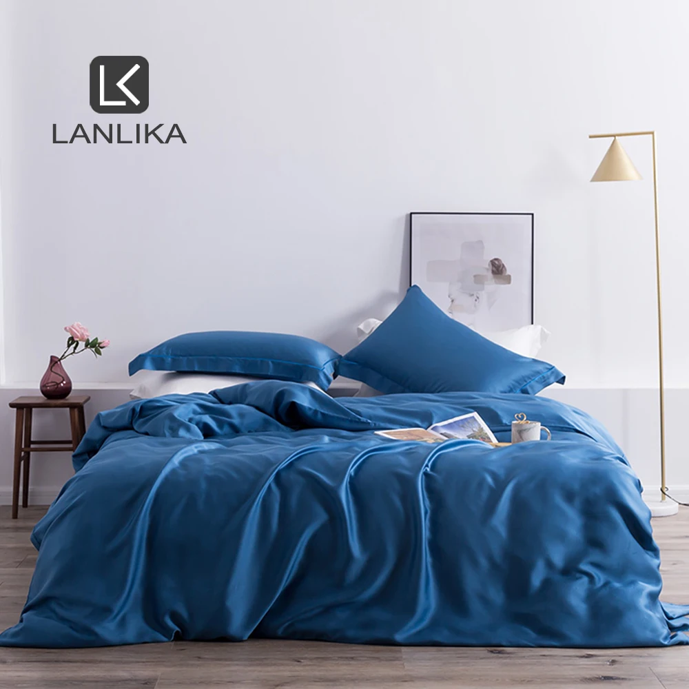 Lanlika Luxury 100% Silk Bedding Set Silky Queen King Pure Color Duvet Cover Flat Sheet Bed Linen Set Pillowcase Home Textile