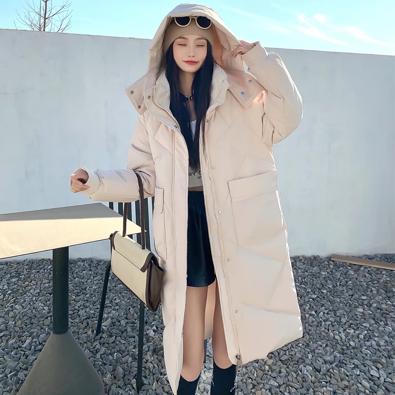 

CRRIFLZ Women New Autumn Winter Hooded Long Sleeve Solid Color Big Pocket Long Parka For Ladies Fashion Button Chic Warm Coat