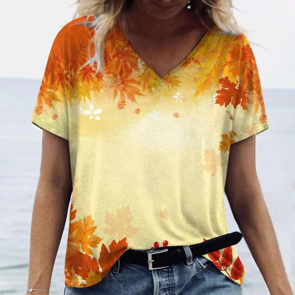 

Women's V-neck T-shirts Vintage Loose Tops Maple Leaf Print Short Sleeves T shirt Summer Casual Women Clothing Daily Streetwear