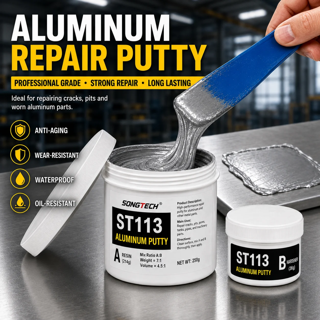 250g Aluminum Putty 2-Part Wheel Restoration Epoxy Metal Repair Adhesive for Cracks Holes Pipes Tanks Machinery