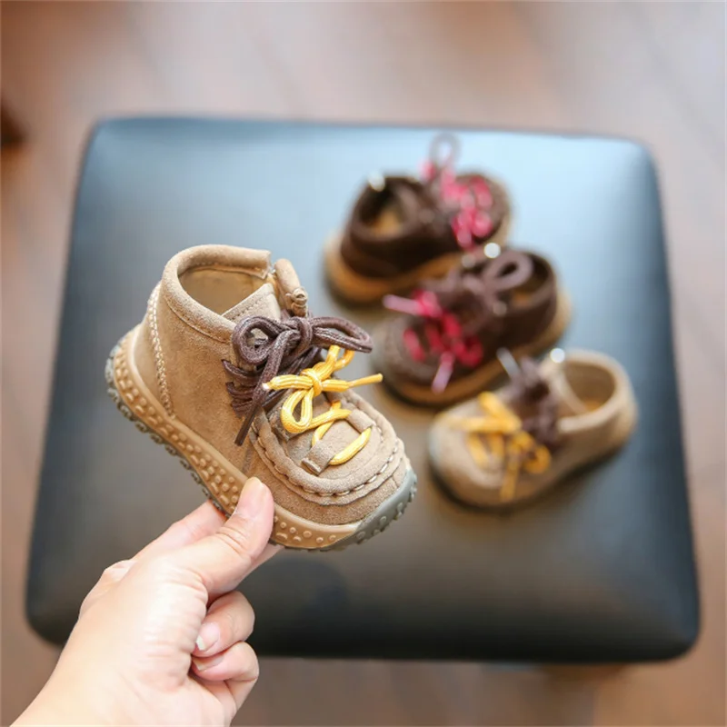 

New Winter Baby Boots For Boys Leather Colorful Shoes Lace Little Kids Shoes Short Fur Warm Cotton Toddler Children Boots