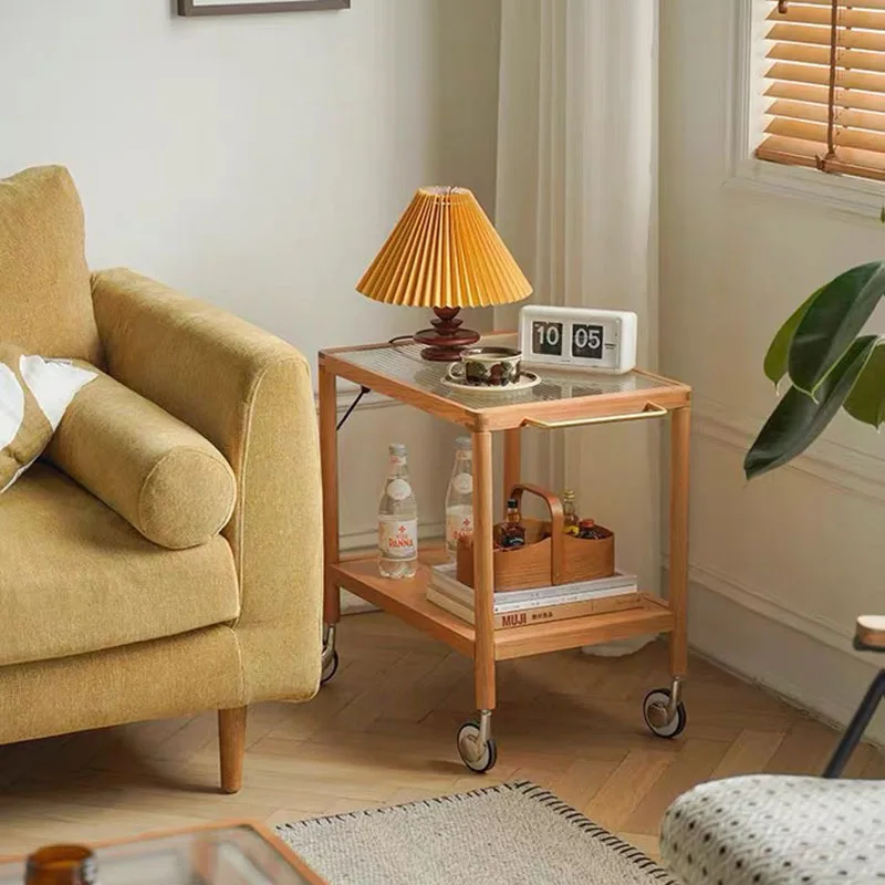 

Nordic solid wood sofa side table, small living room, cherry wood glass coffee , Japanese style movable small cart with