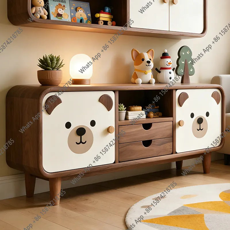 

Simple Modern Black Walnut Retro Solid Wood Side Cabinet, Childlike Style, Wall Storage Cabinet, Living Room Entrance Cabinet