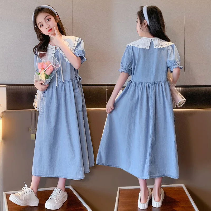 2025 New Korean Summer School Girl Dress Elementary Girl Lace Hollow Out Bowknot Lapel One-piece Dress Junior Girl Denim Dress