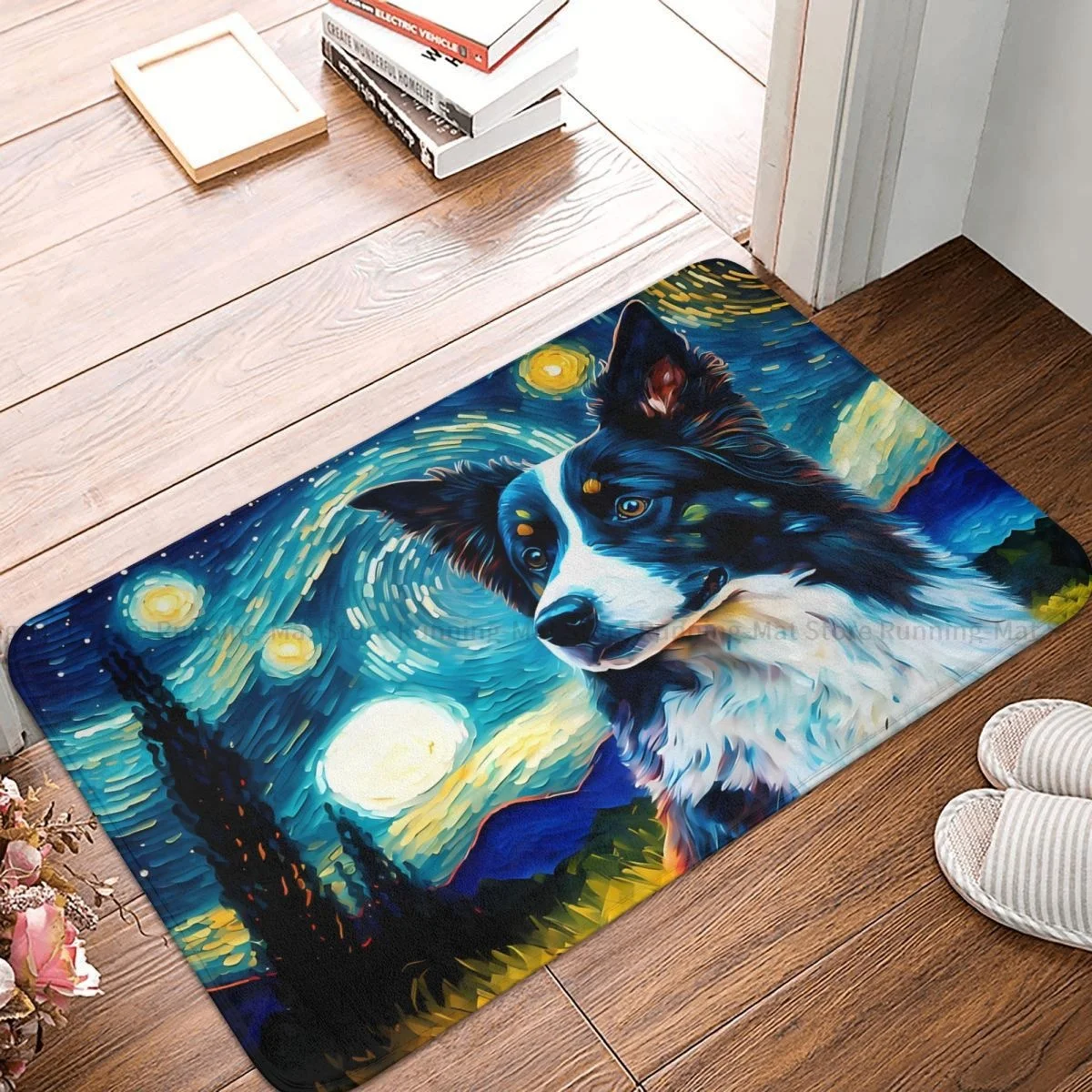 Border Collie Pet Dog Non-slip Doormat Starry Night Bath Bedroom Mat Welcome Carpet Flannel Modern Decor