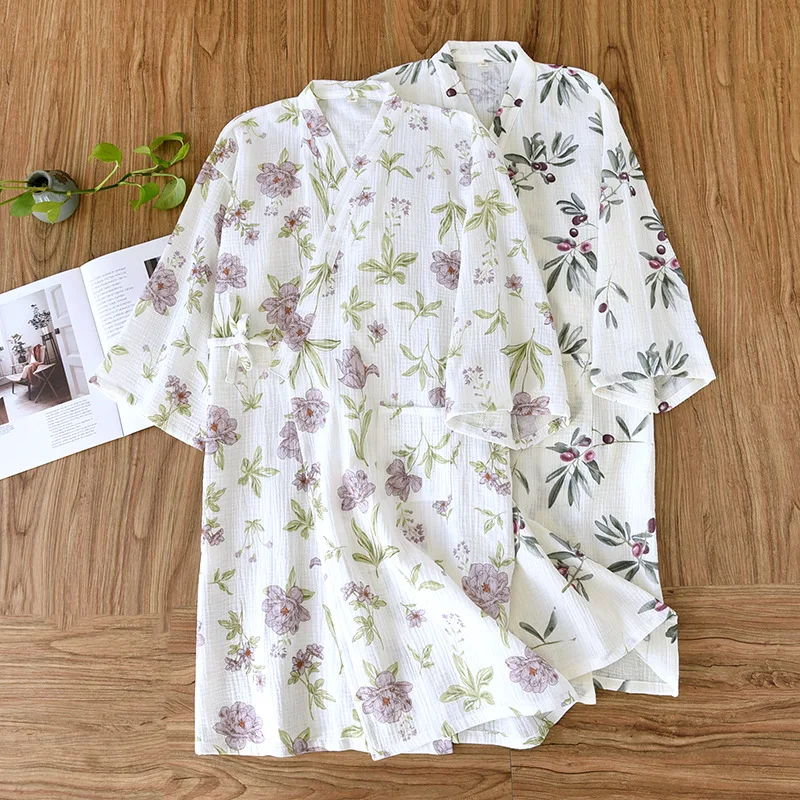 Summer Women's Pajamas Floral & Fruit Print V-neck Half Sleeve With Belt Night-robe And Comfortable Leisure Time Home Clothes