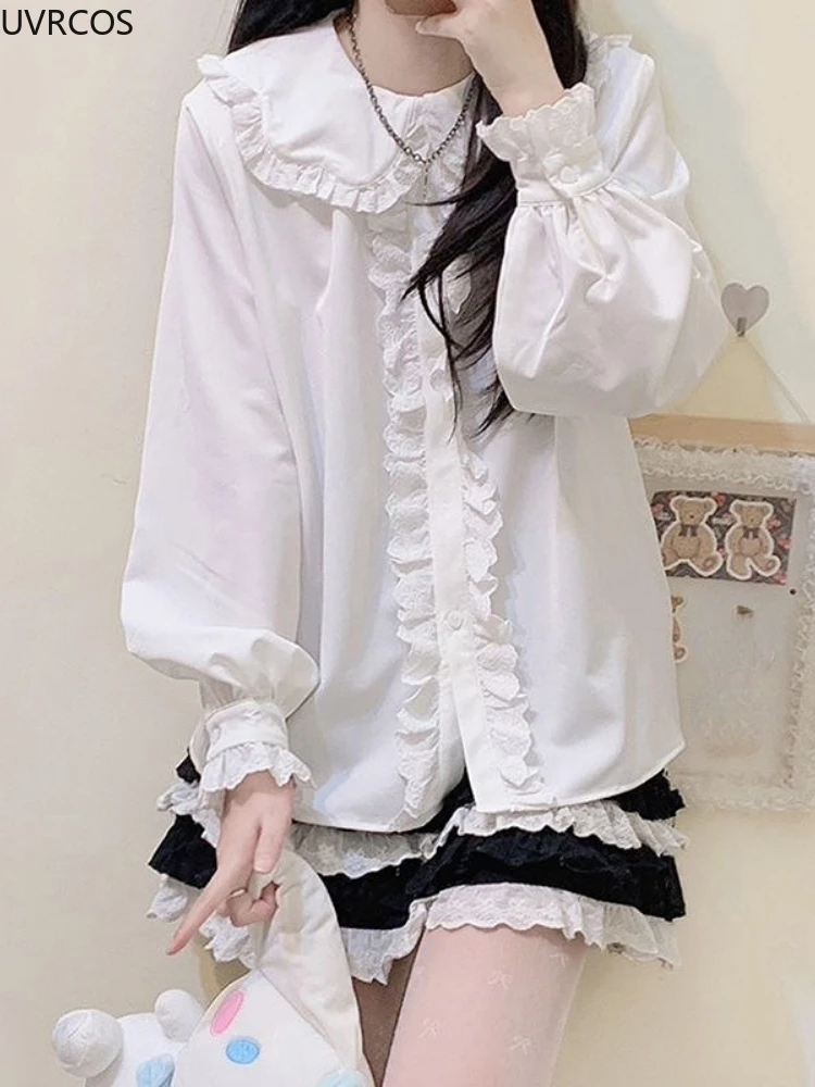 Sweet White Lolita Style Blouses Women Kawaii Rabbit Ears Peter Pan Collar Shirts Girly Victorian Cute Ruffles Long Sleeve Tops