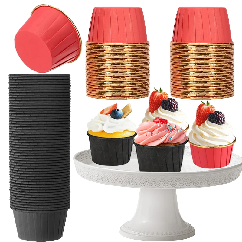 50Pcs Black Rolled Edge/Red Gold Cake Paper Cups, Heat-Resistant and Oil-Proof Paper Liners, Dessert Paper Cups Muffin Cups, Suitable for Muffins, Cupcakes, Pastries