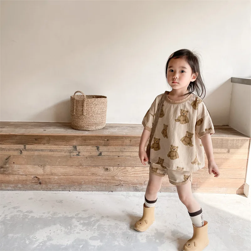 MILANCEL2023 Summer Kids Clothing Set Bear Print Boys Suit Vintage Tee and Shorts 2 Pcs Girls Clothing Set