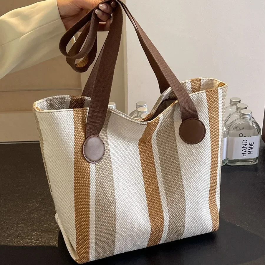 2024 New Fashionable Contrasting Striped Canvas Commuter Tote Bag Large Bag Women\'s  Trendy Underarm Shoulder Bag