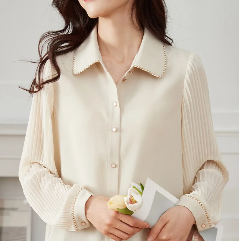 #2538 Beige Pleated Puff Sleeve Shirt Women Korean Style Office Shirt Female Turn-down Collar Chiffon Womens Tops And Blouses