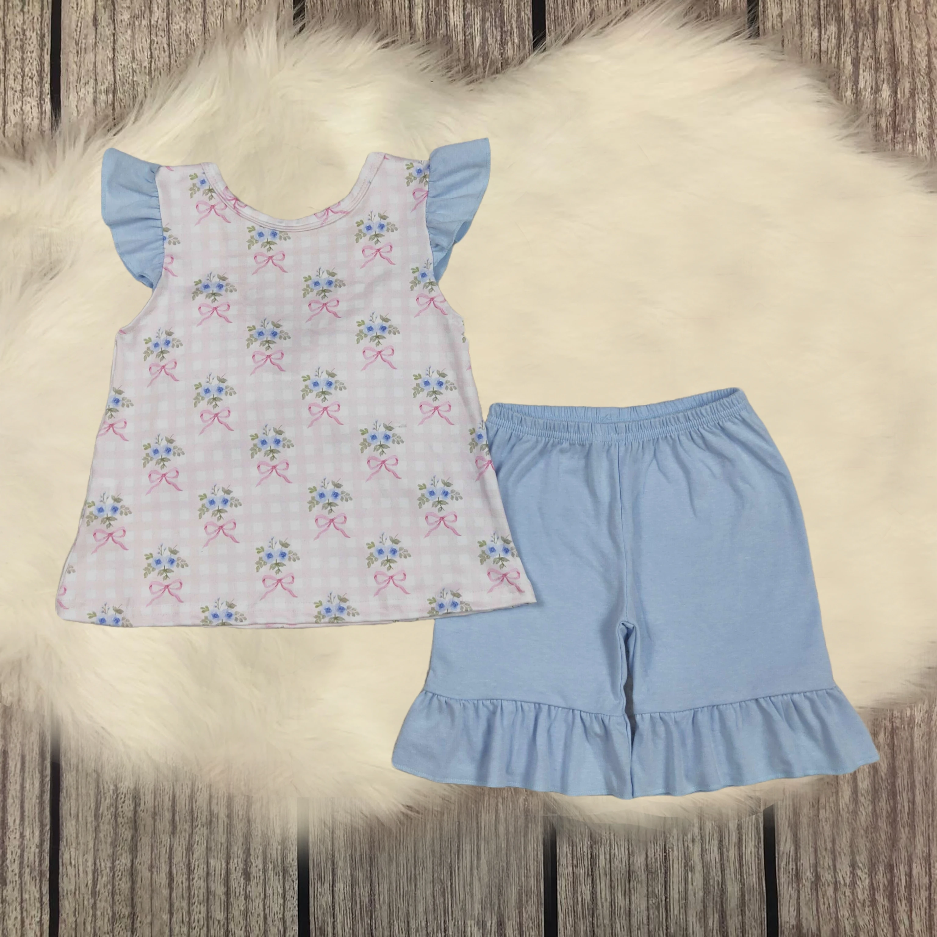 

Wholesale Baby Girls Pink Checkered Bows Floral Tunic Ruffle Blue Shorts Clothes Sets Infant Summer Toddler Kids Children Outfit