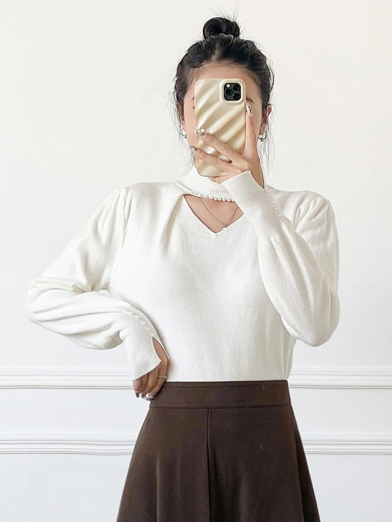 

Winter New Sle Women's Long Sve Knitted Sweater Pearl V-ne Bubble Sve Base irt Slim Fit Versatile Workwear Top