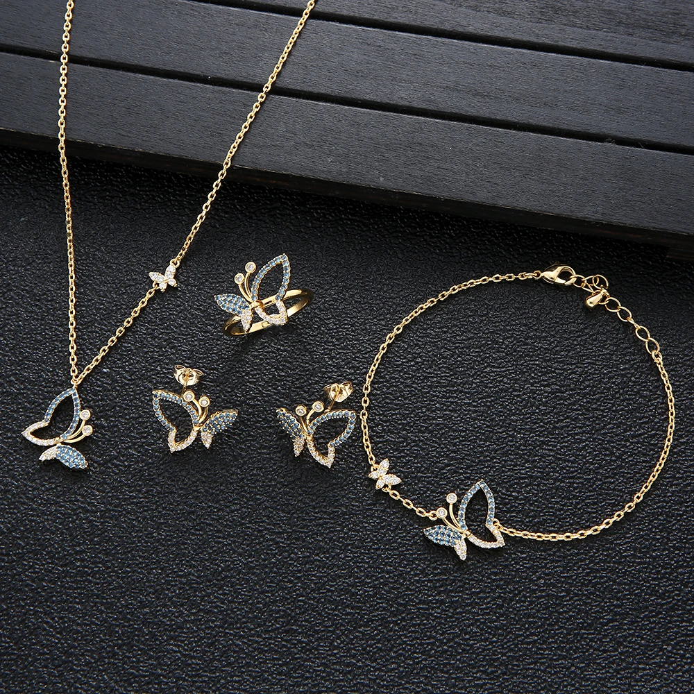 

Trendy Love Cut Butterfly Necklace Earring Bracelet Ring Jewelry Set For Women Wedding Cubic Zircon Dubai Bridal jewelry hxs006