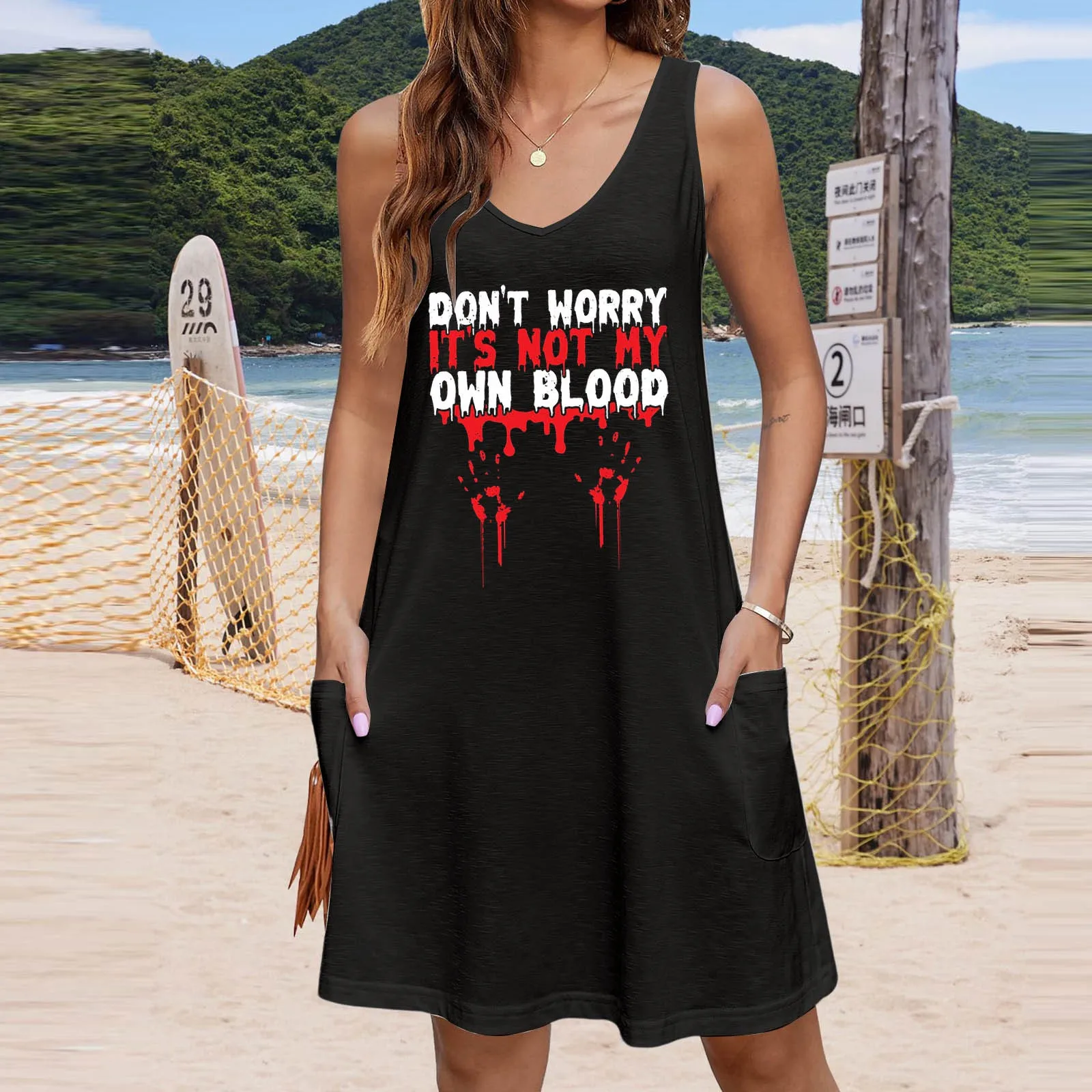 

Womens Sleeveless Halloween V Neck Tank Dresses Casual Loose blood Printed Dress With Midi Dress for Women Casual Summer