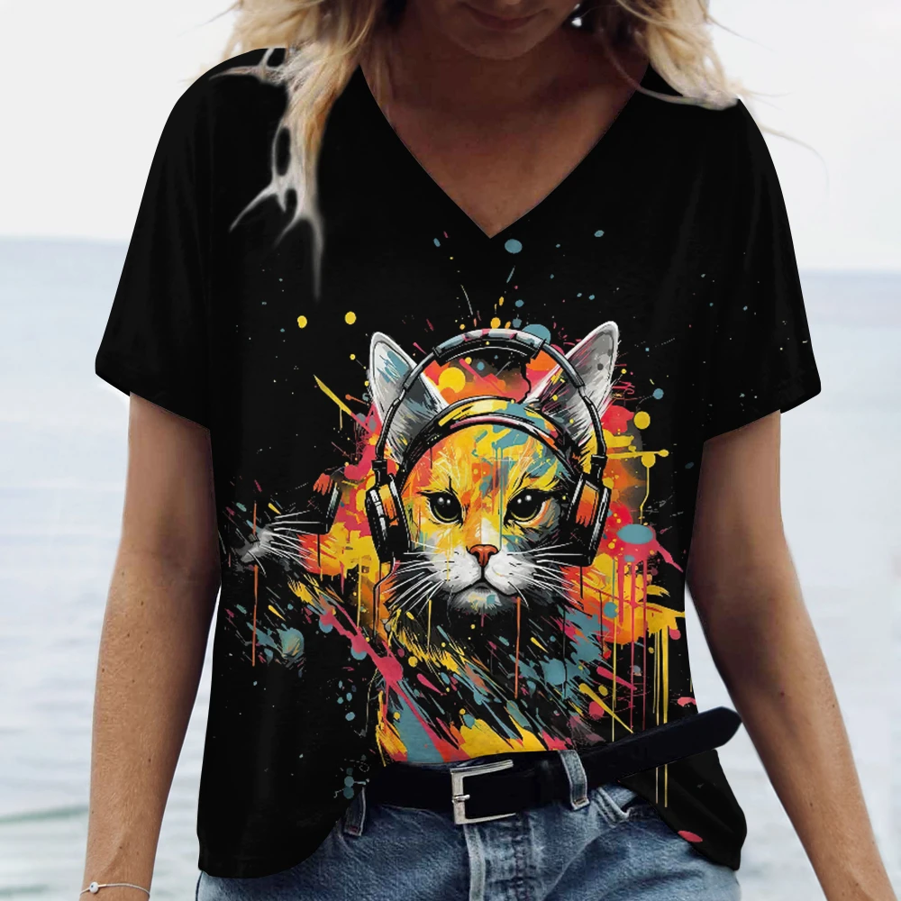 Camiseta con estampado de animales de dibujos animados para mujer, Top de talla grande con cuello en V, ropa de tendencia para mujer, camisa de manga corta, camiseta de gran tamaño