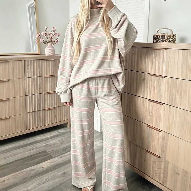 OMSJ Simple Leisure Striped Print Women's Long Sleeve Half High Collar Pullover Loose Top+Wide Leg Full Pants Contrast Color Set