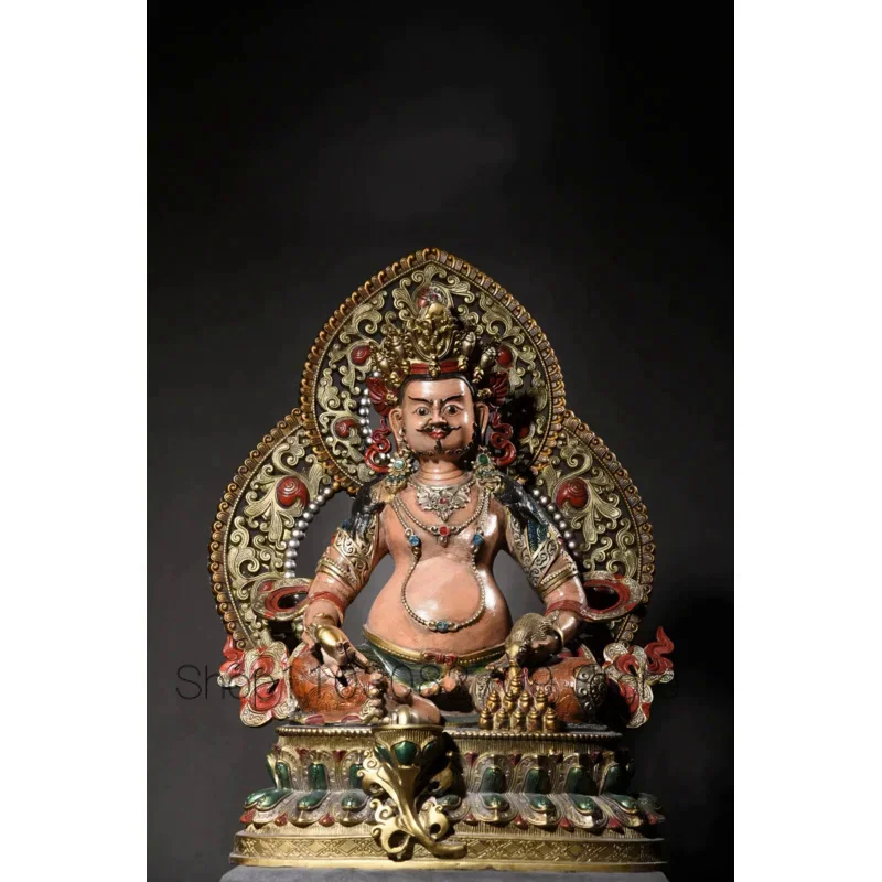 

20"Tibet Temple Collection Old Bronze Cinnabar Painted Yellow Jambhala Lotus Terrace Backlight Sitting Buddha Worship Hall