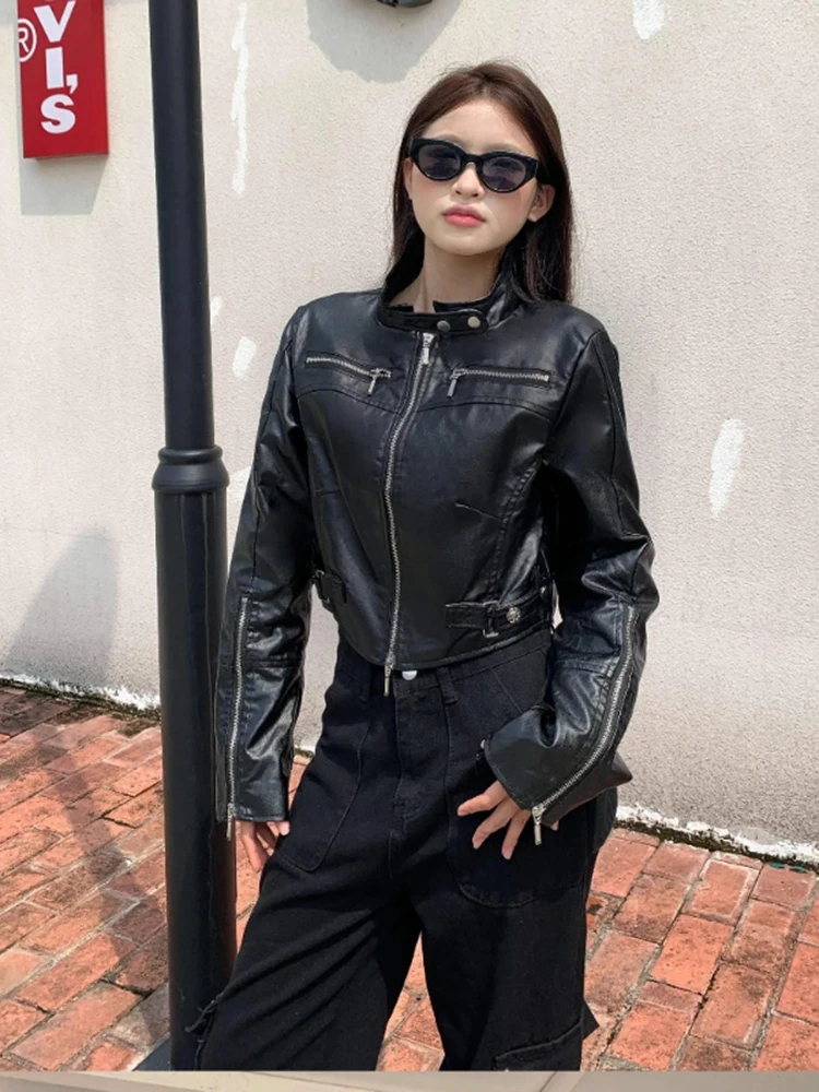 Spring 2025 Women's Slim Fit Short Leather Jacket American Retro Sle Sexy Girl High End Feelings Outerwear Zipper Design