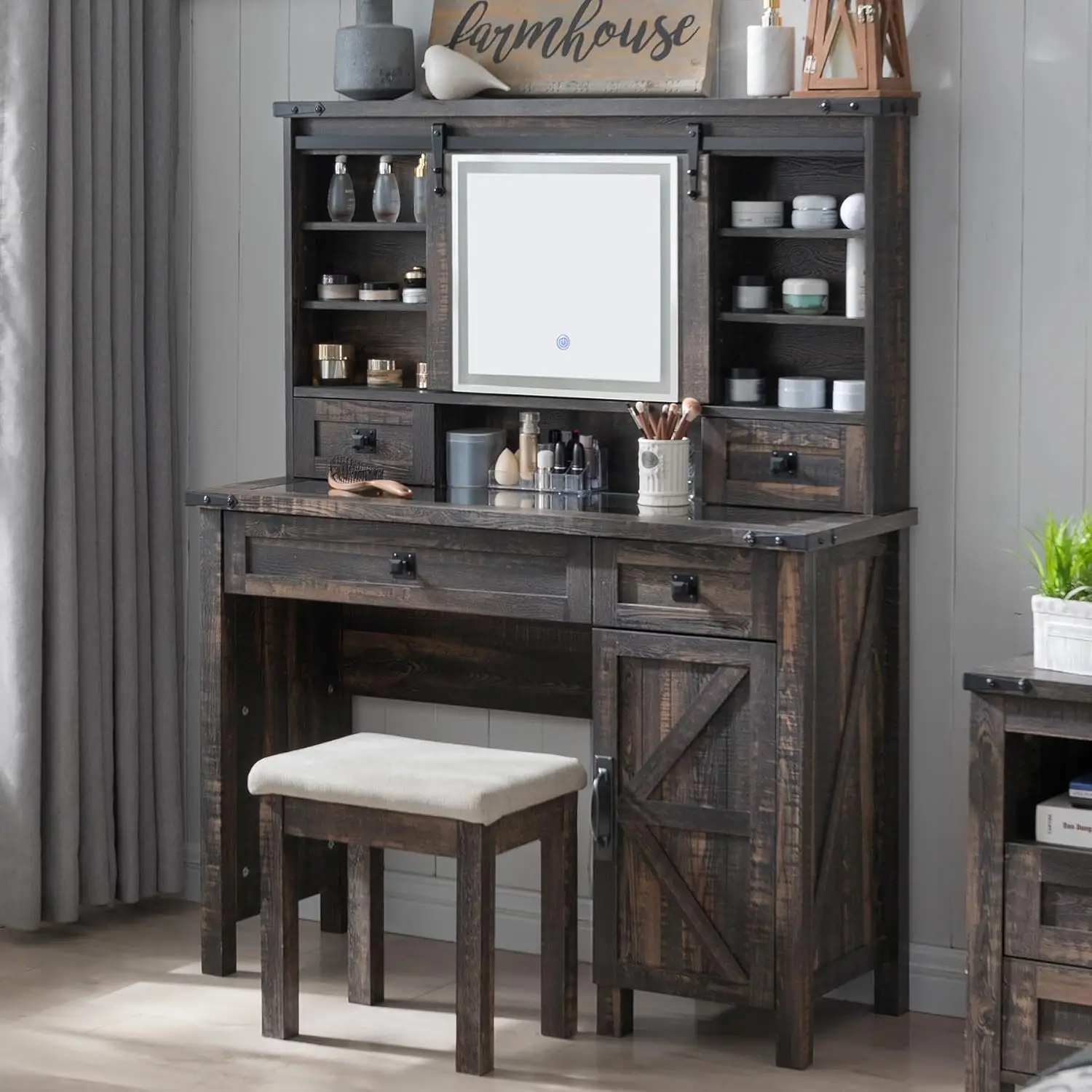 Farmhouse Makeup Vanity Desk with Sliding Mirror and Lights, 42'' Glass Tabletop Vanity Table with 2 Drawers & Shelves