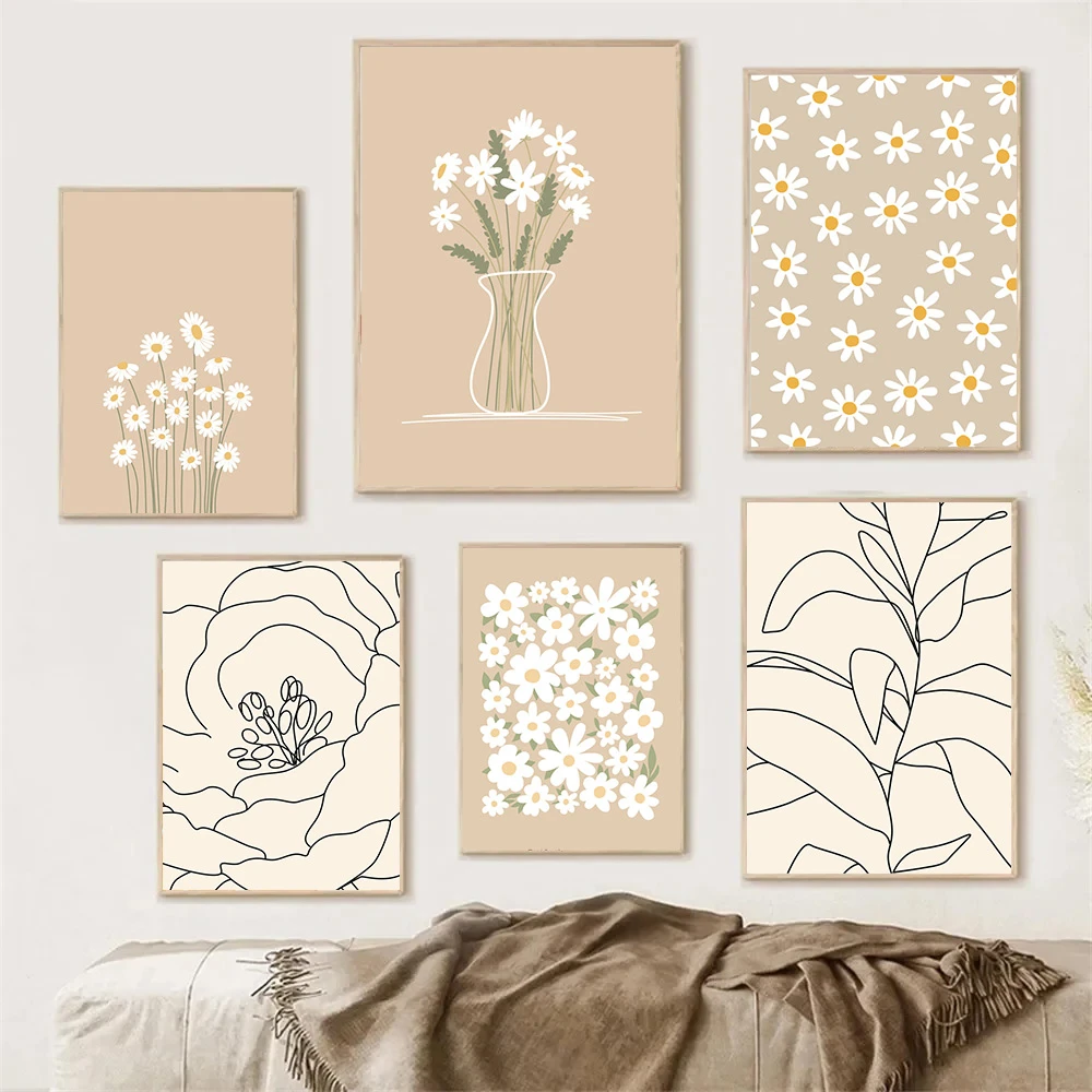 Abstract Minimalist Line Flower Daisy Wall Art Posters And Prints Vintage Canvas Painting Nordic Wall Pictures Living Room Decor