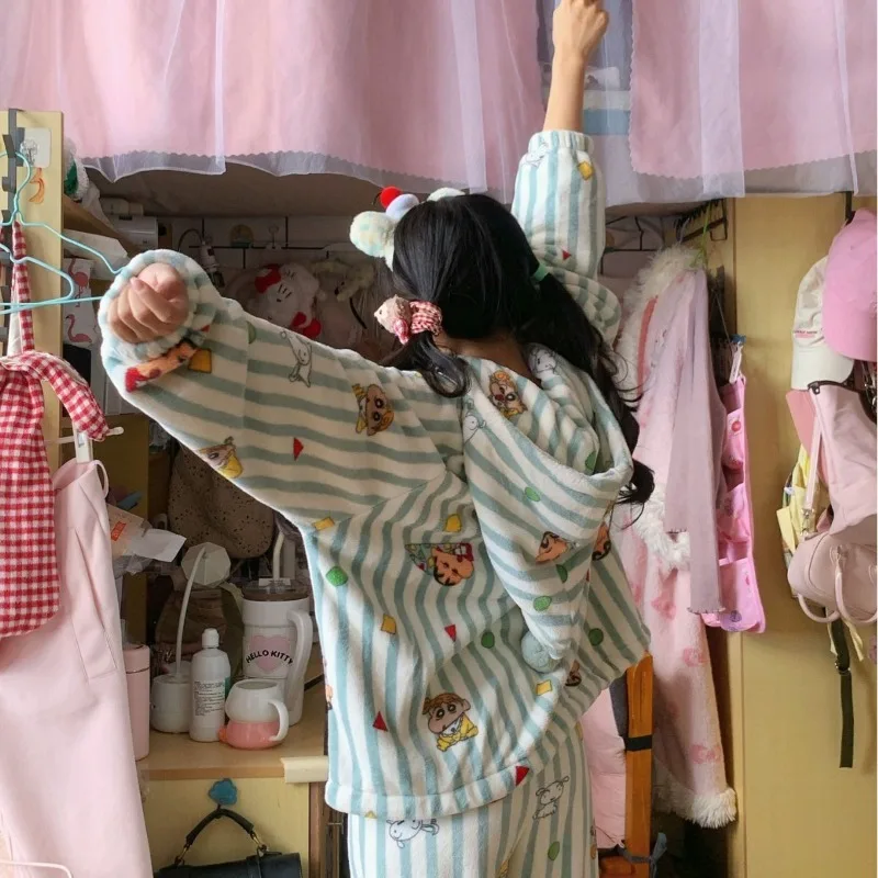 Kawaii Crayon shin-chan pyjamas Anime fille mignon dessin animé hiver épaissir garder au chaud manches longues pantalon découpable maison costume ensemble nouveau