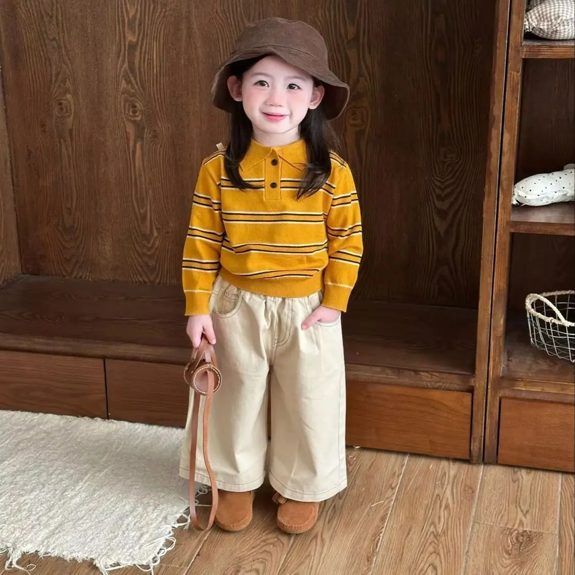 

Spring and Autumn Girls' Set New Children's Striped Polo Collar Knitted Shirt+Casual Straight Pants 2-piece Set