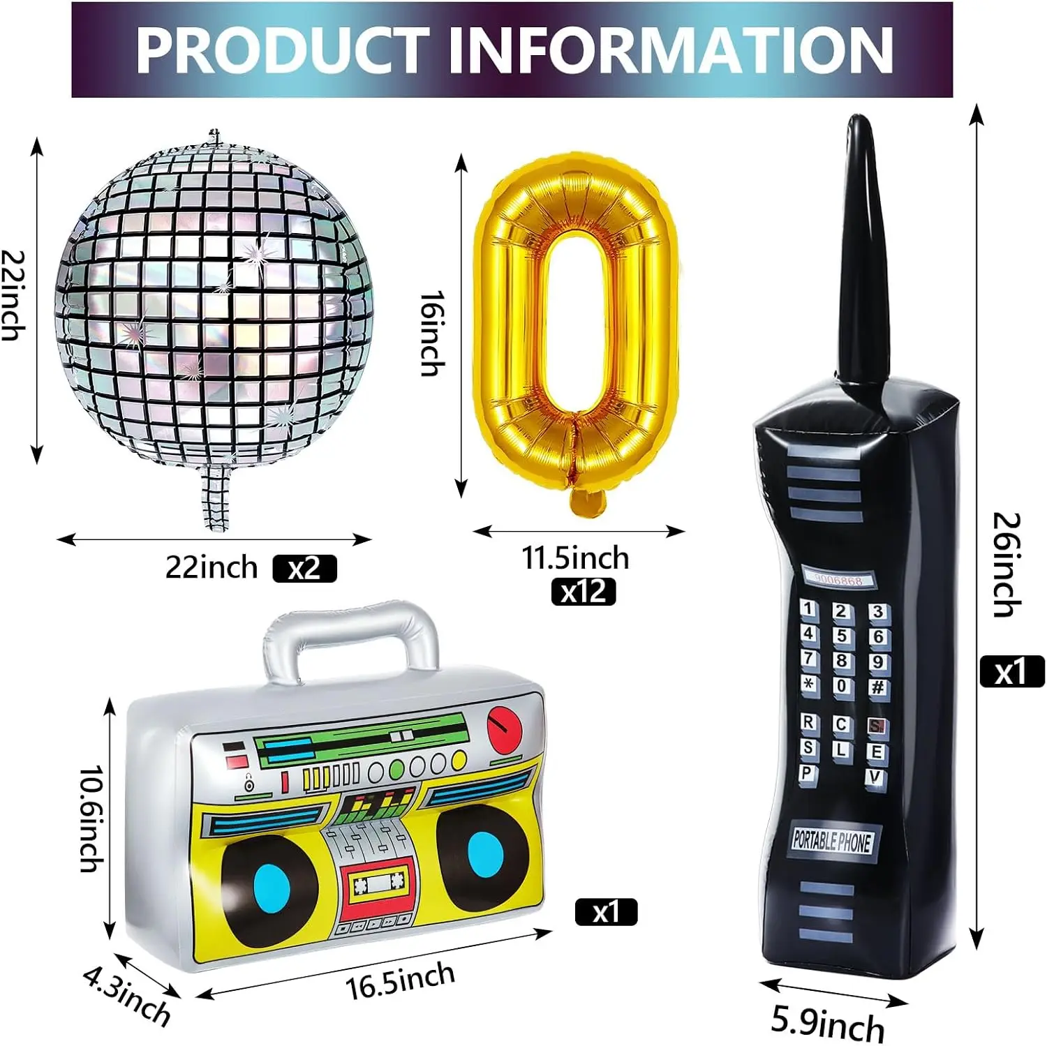 Zhanmai 18 Pcs 80s 90s Party Decorations Inflatable Radio Boombox Inflatable Mobile Phone Roller Skate Rainbow Balloons 22 Inch Disco Ball Balloons 16 Inch Gold Foil Chain Balloon for Adult Hip Hop