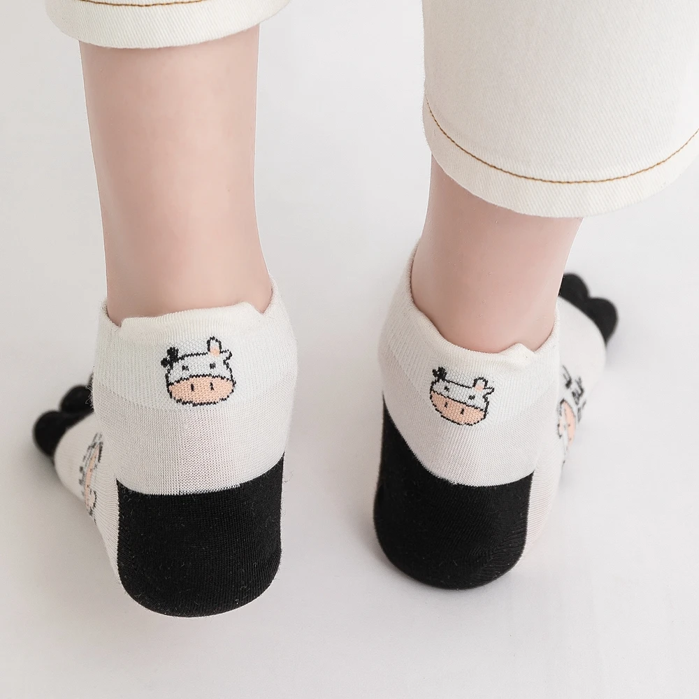5 Pairs Cute Cow Print Toe Socks Women Kawaii Five Finger Socks Summer Short Ankle Socks with Separate Fingers Korean Fashion