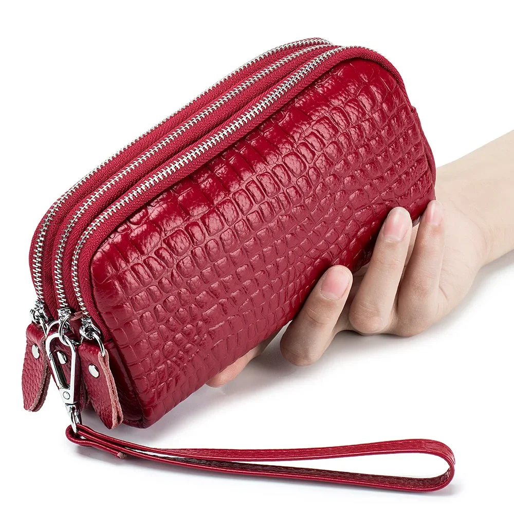 

Fashion Genuine Leather Women Clutch Wallet Alligator 3 Layer Zipper Wallets Female Wristlet Purse Phone Clutches