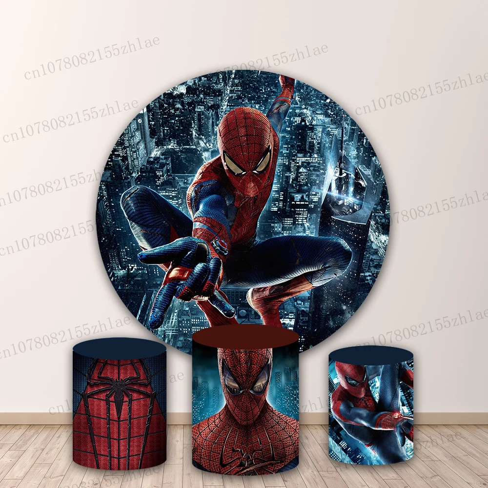 

Spider Man Baby Shower Photo Backdrop Birthday Party Photography Backdrop Round&Cylinders Plinth Covers Decoration