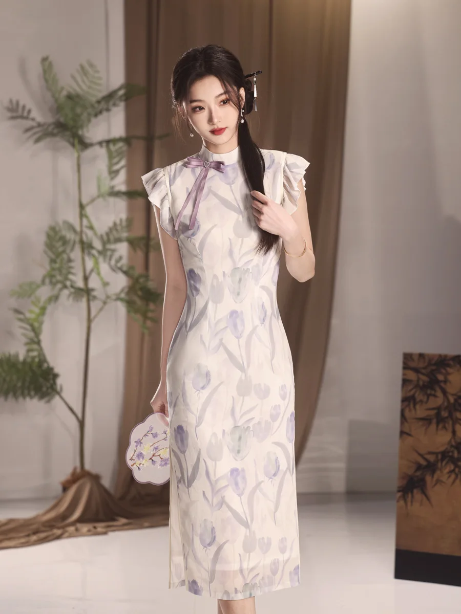 Vestido de noche exquisito Cheongsam de alta gama con estampado de tulipán de gasa joven de estilo chino, nuevo